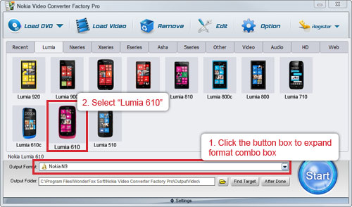 select Nokia Lumia 610 for output format