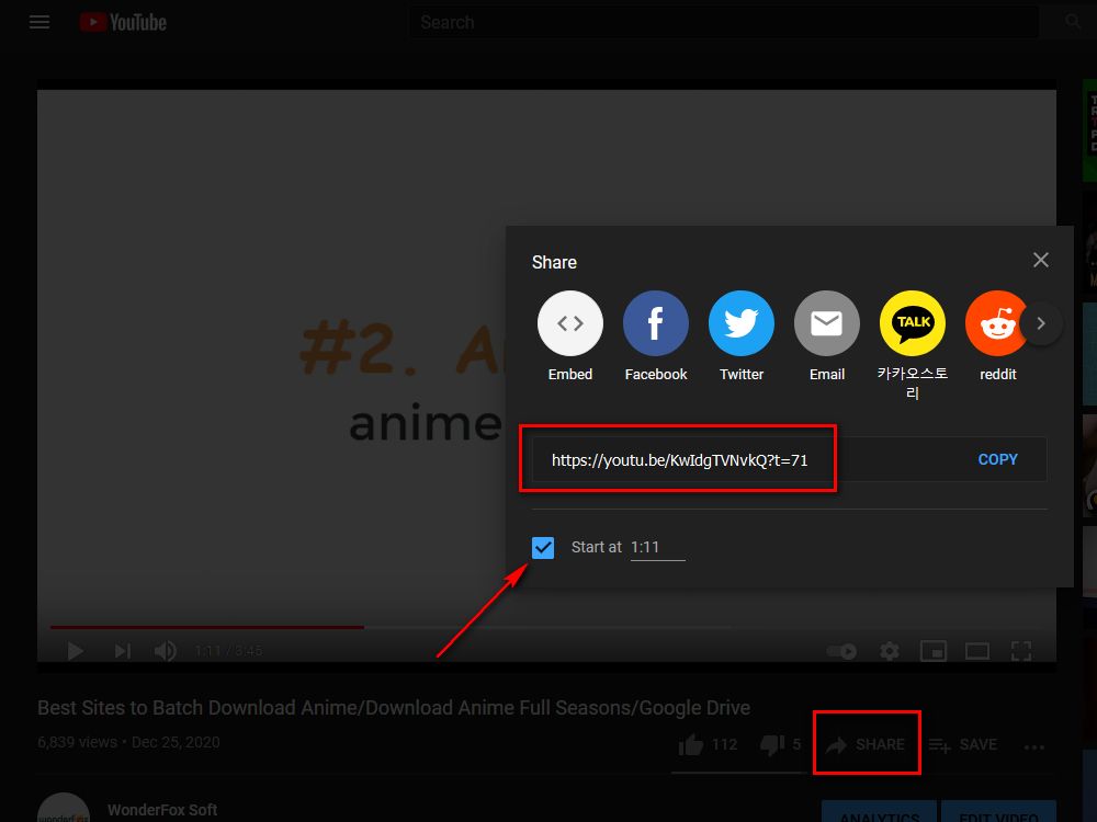 Share YouTube Video with Timestamp