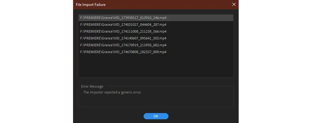Premiere Pro File Import Failure the Importer Reported a Generic Error