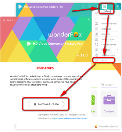 Remove license from HD Video Converter Factory Pro