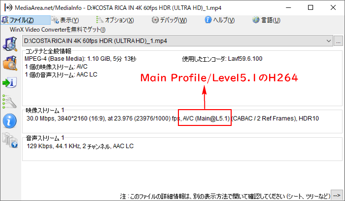 iPhone/Androidスマホで再生できないH264を変換 情報確認