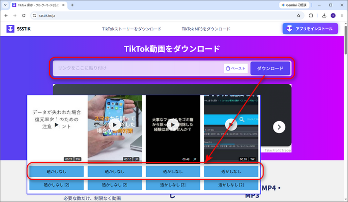 サイトでTikTok動画を一括ダウンロード