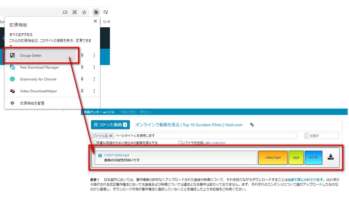 Veohの動画をダウンロードーブラウザの拡張機能「動画ゲッター」で