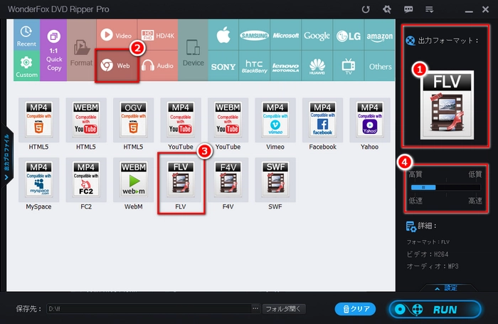 DVDをFLVに変換 出力形式設定