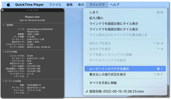 MP4コーデック確認方法 Mac QuickTime