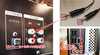 オーディオケーブルでCDプレーヤーとパソコンを接続する