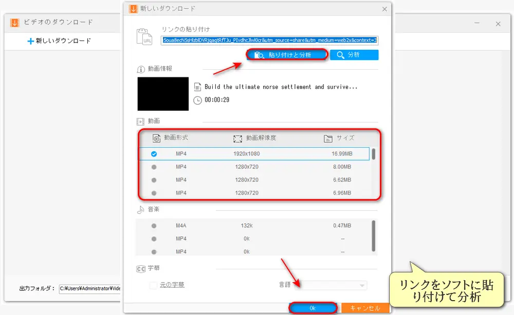 リンクをソフトに貼り付けて分析