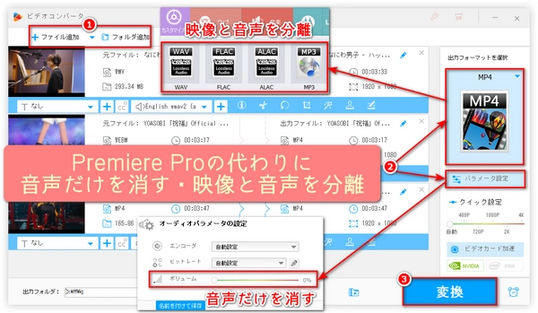 プレミアプロで特定の音・音声だけを消す方法