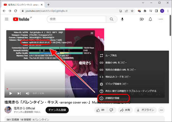 YouTubeにアップロードした動画のコーデックを確認