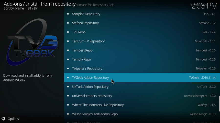 Select TVGeek Add-on Repository