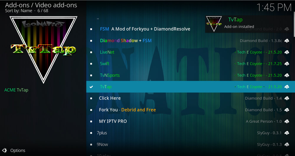 7 of 9 Live TV (TVTap) addon installed