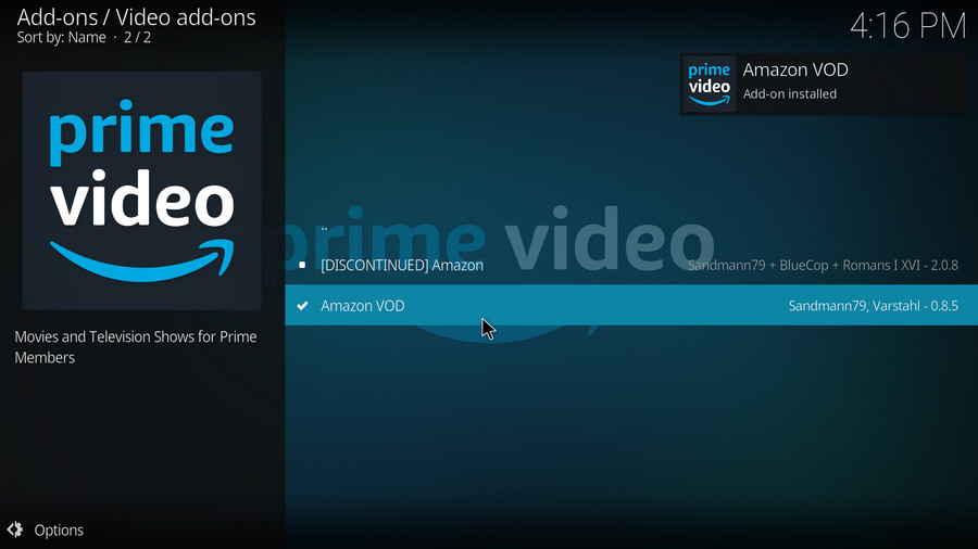 Amazon VOD addon installed