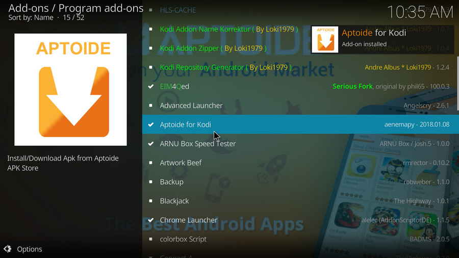 Aptoide for Kodi addon installed