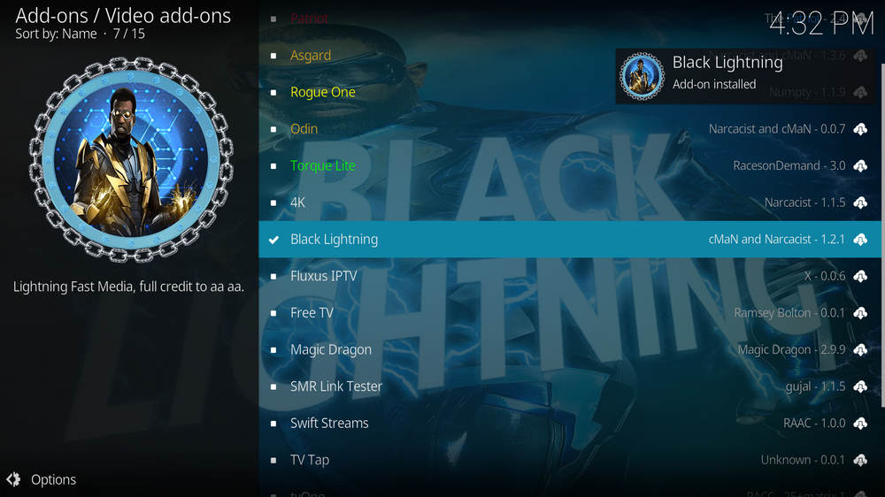 Black Lightning addon installed