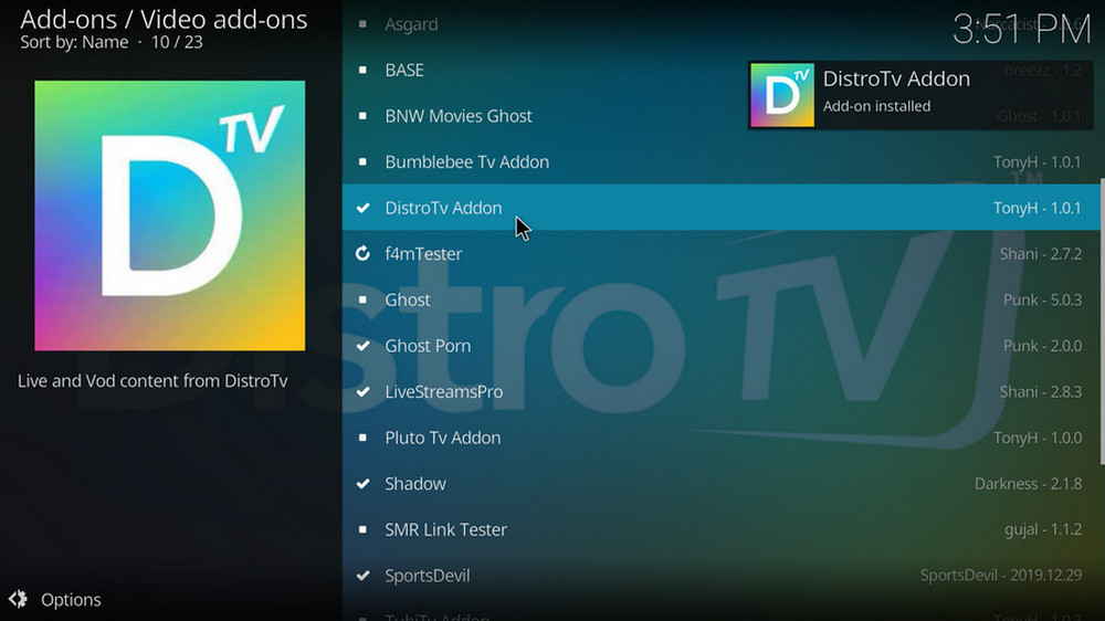DistroTV Addon installed