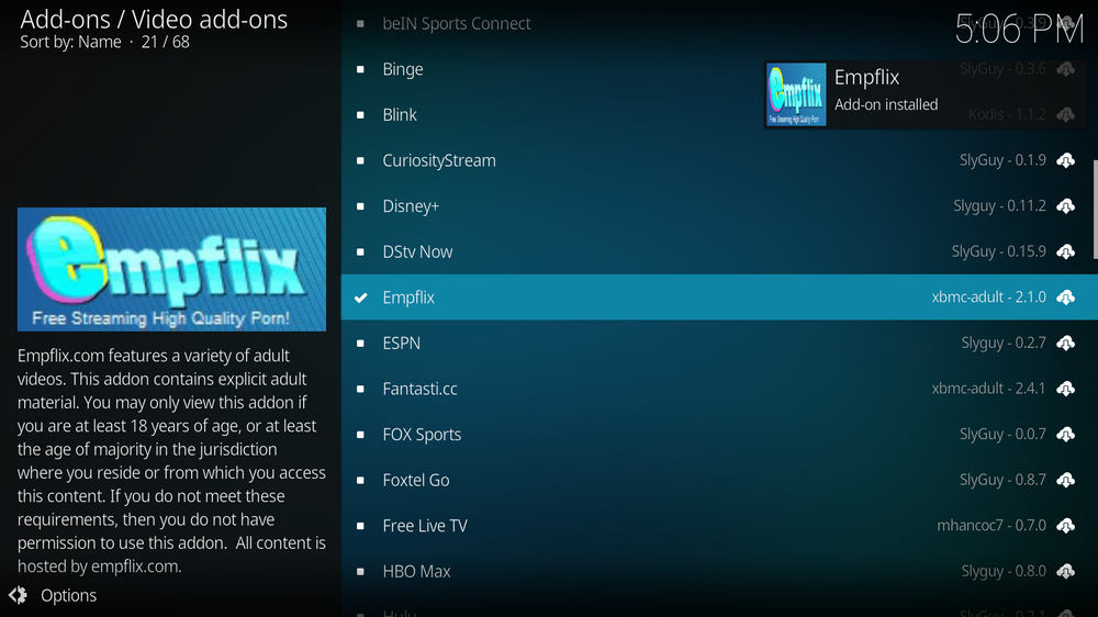 Empflix addon installed