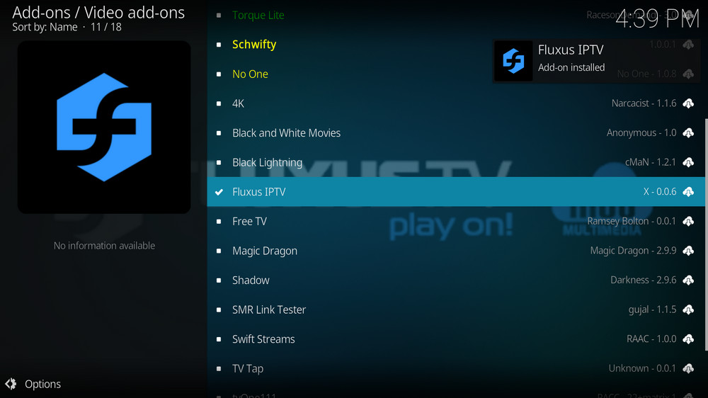 Fluxus IPTV addon installed