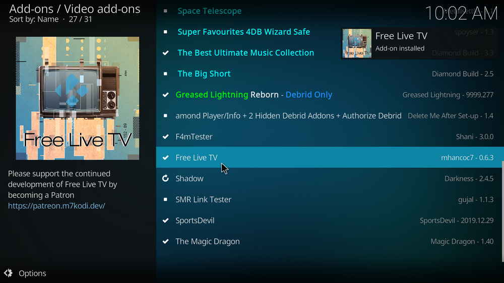 Free Live TV addon installed