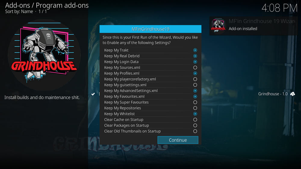 Grindhouse Wizard addon installed