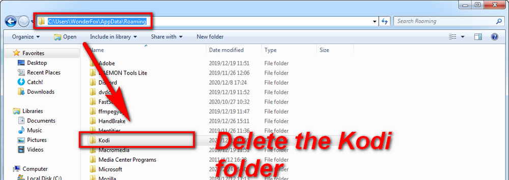 Example deleting Kodi folder on Windows
