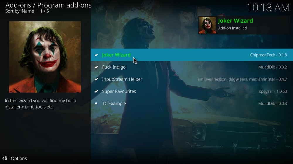 Joker Wizard addon installed