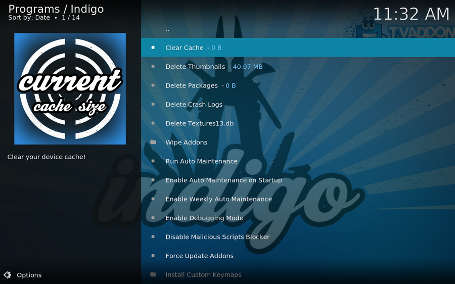 Clear Cache Kodi in Indigo