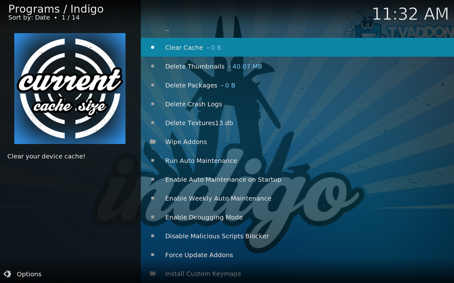 Clear Cache Kodi in Indigo