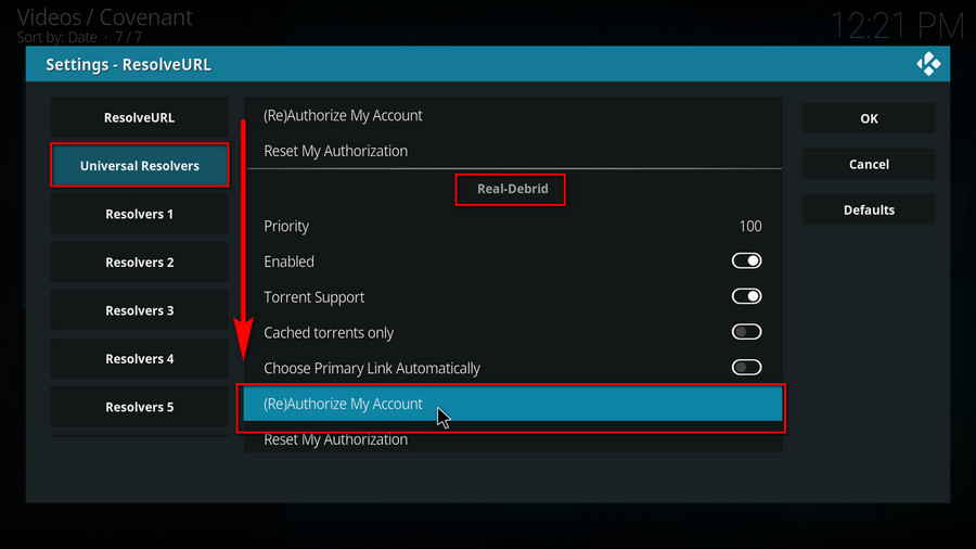 Click (Re)Authorize My Account from Real-Debrid section