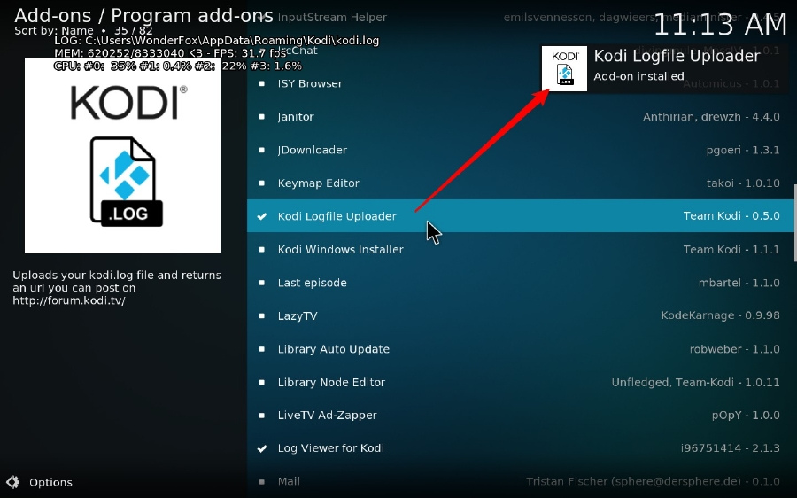 Install Kodi Logfile Uploader