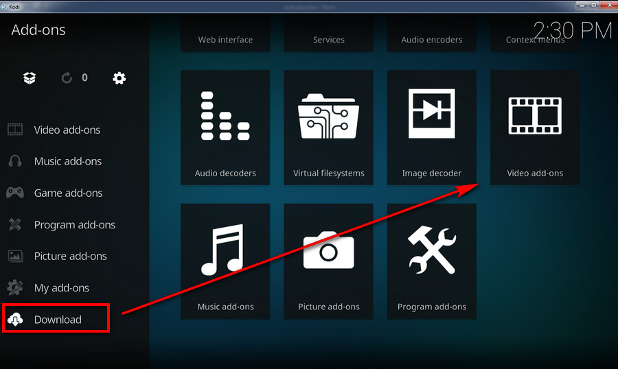 Choose Video add-ons under the Download menu