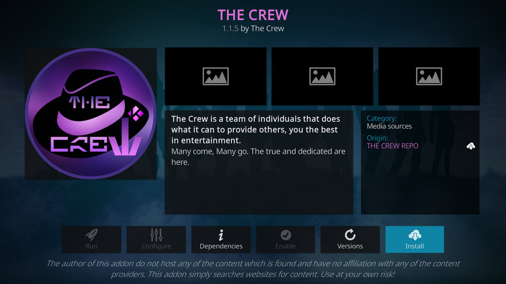 Click Install to install THE CREW Kodi addon