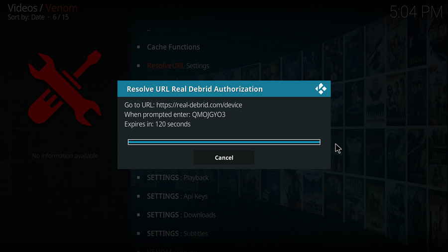 Real Debrid authorization code generated