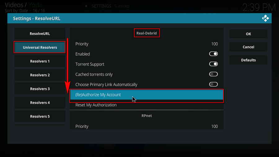 Click (Re)Authorize My Account from Real-Debrid section