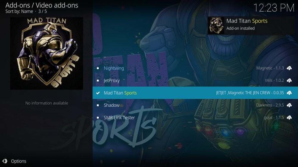 Mad Titan Sports addon installed