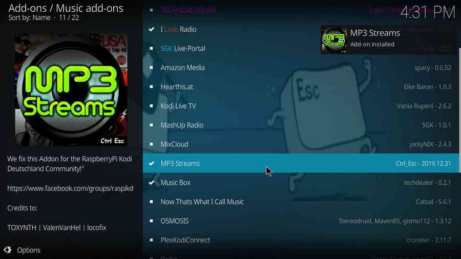 MP3 Streams addon installed