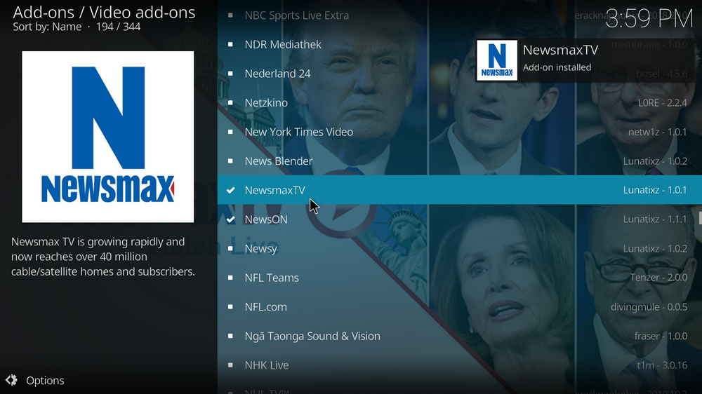 NewsmaxTV addon installed