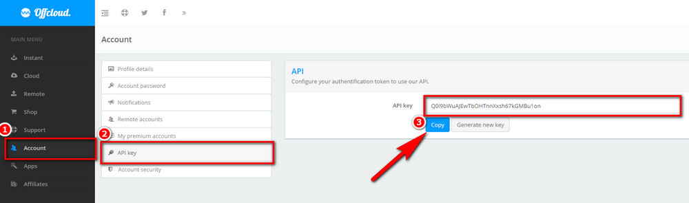 Copy Offcloud API key