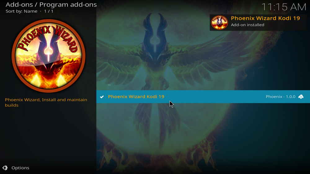 Phoenix Wizard Kodi 19 addon installed