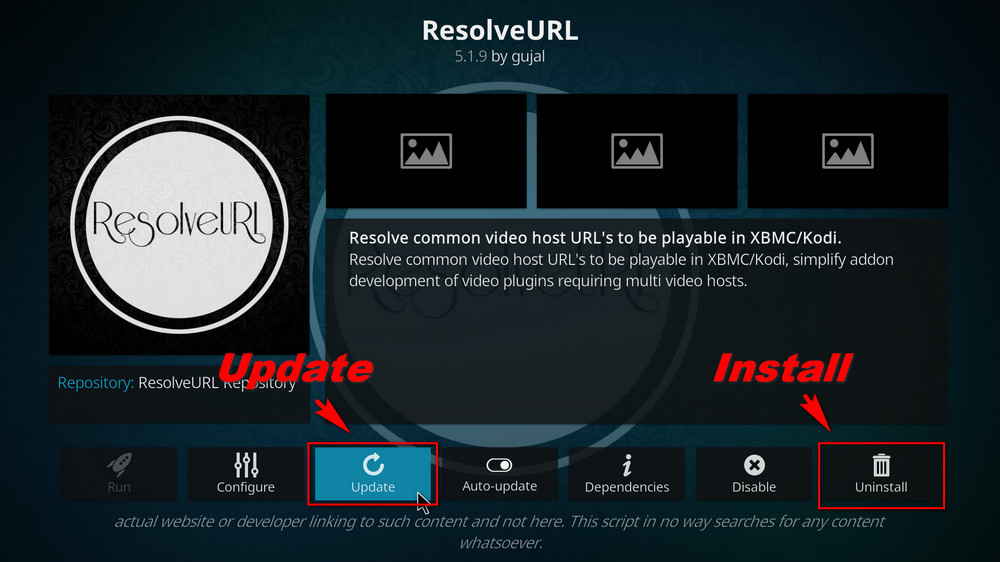 Install or update ResolveURL 