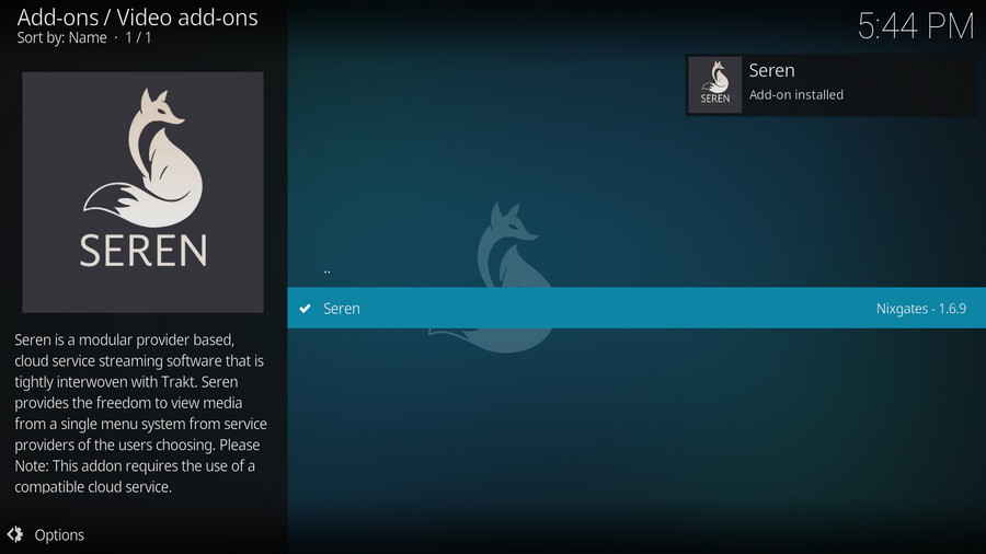 Seren Add-on installed