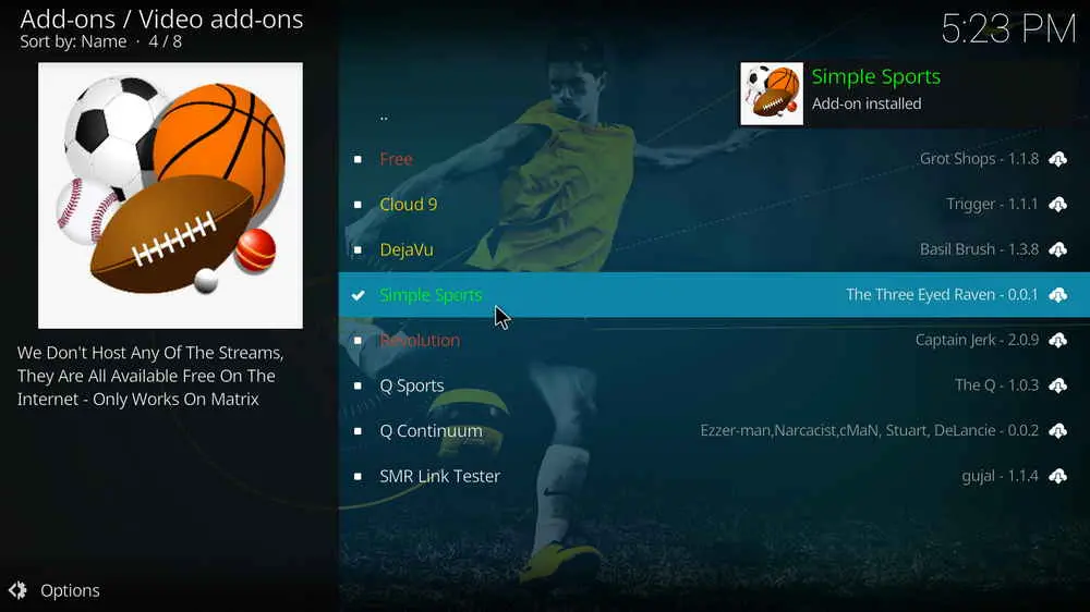 Simple Sports addon installed