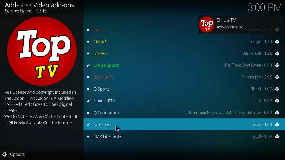 Sirius TV addon installed