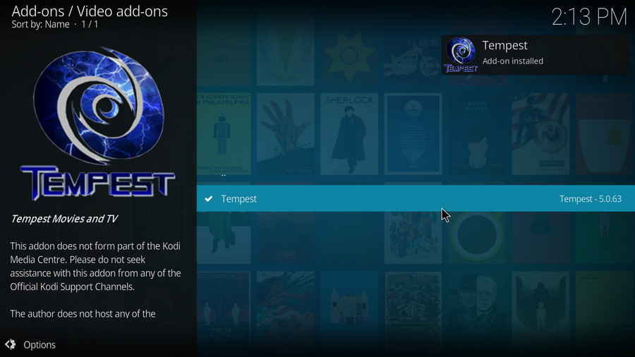 Tempest addon installed