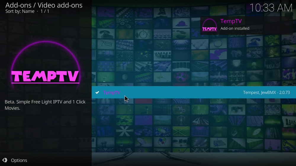 TempTV addon installed
