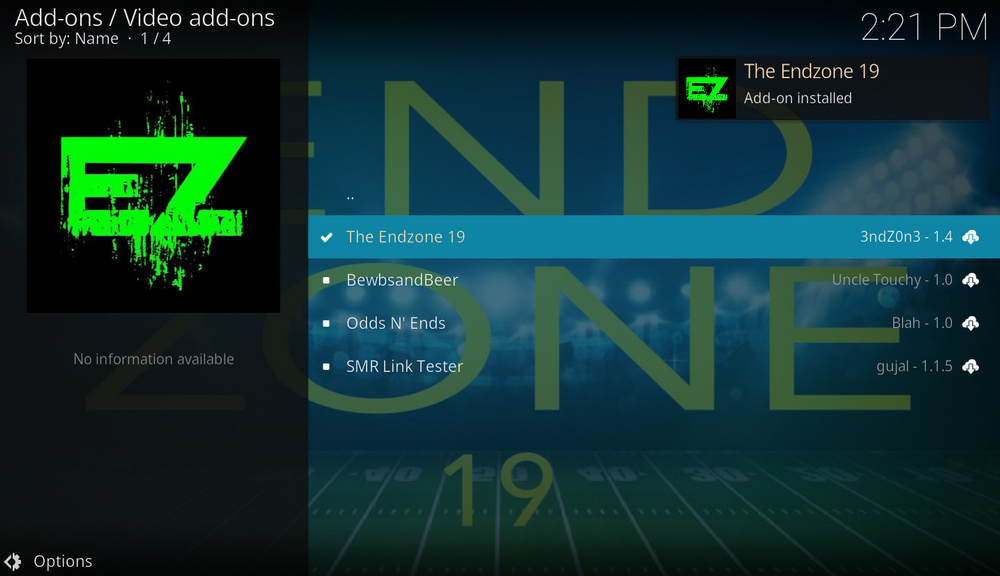 The Endzone addon installed