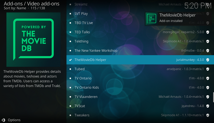 TheMovieDb Helper Add-on installed