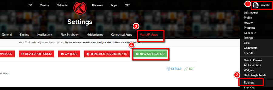 Go to Trakt API app application page
