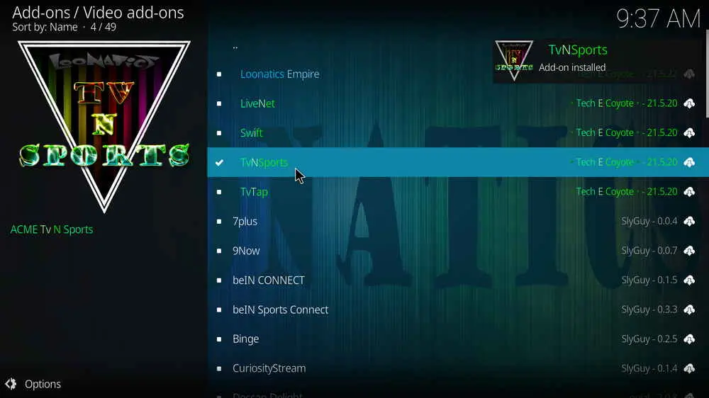 TvNSports addon installed