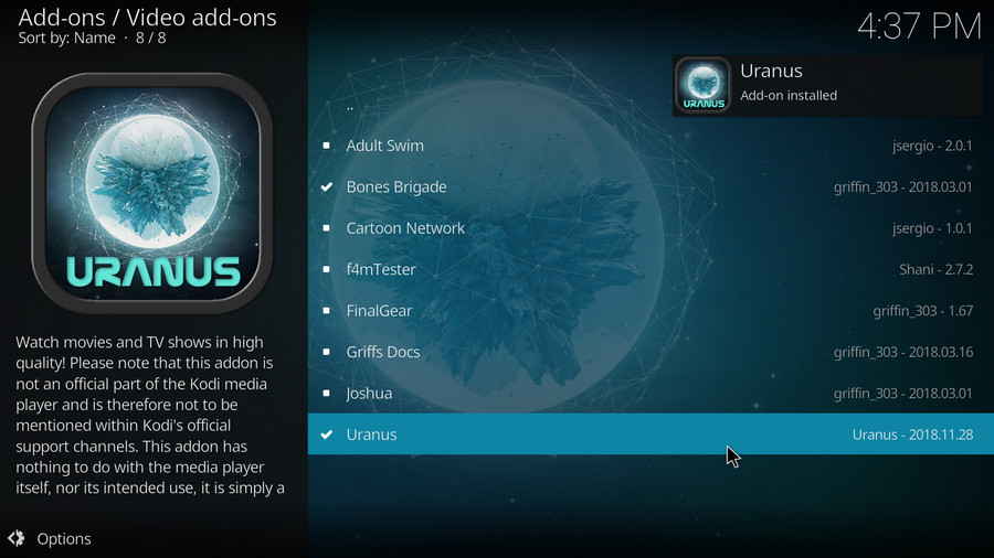 Uranus addon installed