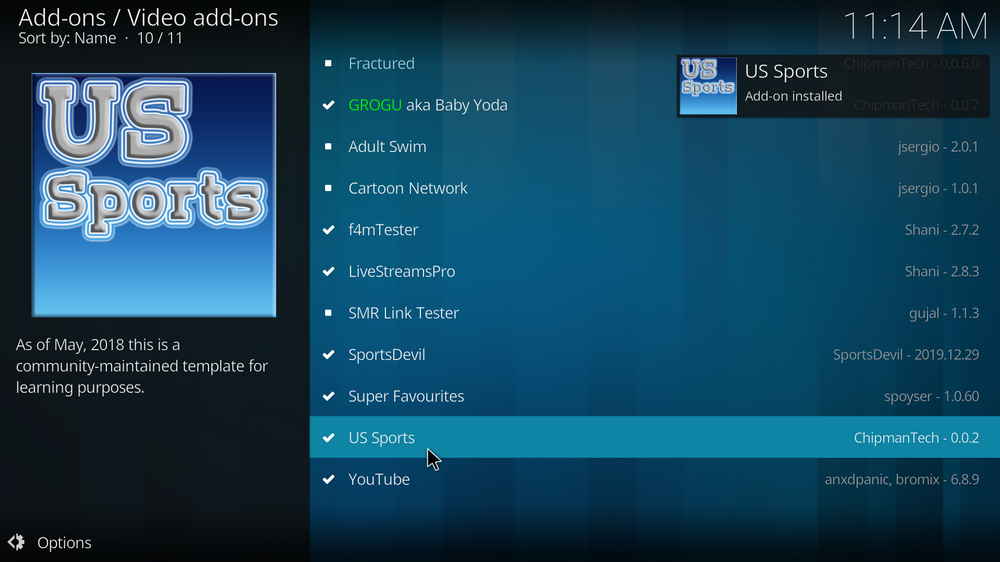 US Sports addon installed